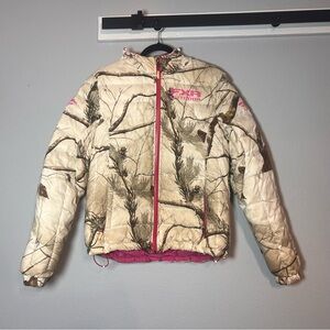 FXR Outdoor Puff Jacket Coat Down Feather Filled Real Tree Camo Tan Pink Size 8